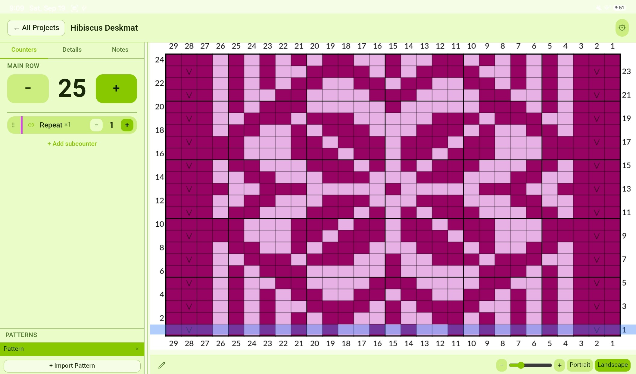 Landscape mode: Pattern and counter (Rose Quartz theme)