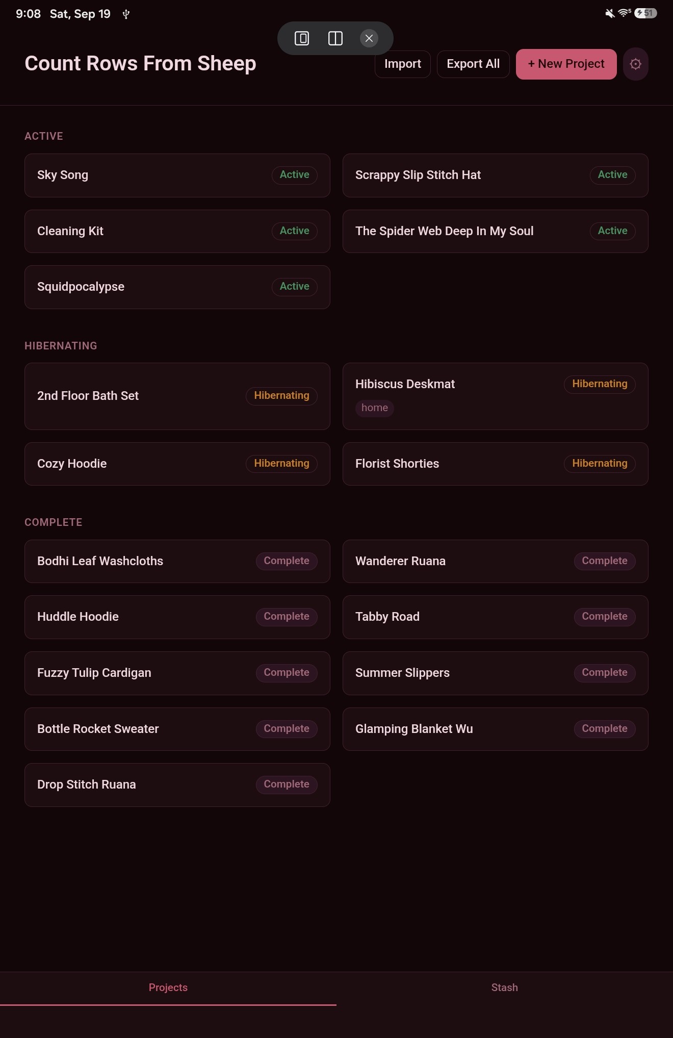 Portrait mode: Project selector (Merlot theme)